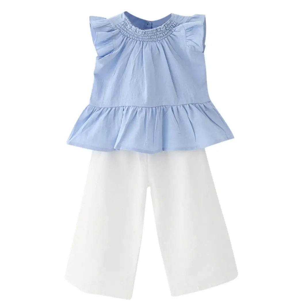 

New Kids Children Solid O-Neck Sleeveless Ruffles Everyday, Holiday Tops and Girls Wide Legs Pants Summer Cute