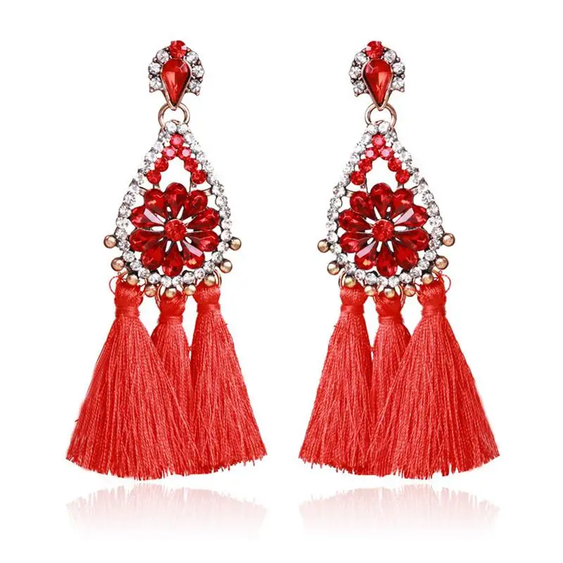 Women's European And American Fashionable All-Match Earrings Bohemian National Style Rhinestone Inlaid Tassel Pendant | Украшения и