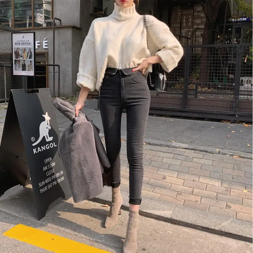 

Han edition of the new show thin flanging design flash feet tall waist trousers jeans