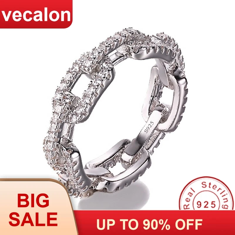 Anel de Prata Forma de Corrente Anéis de Banda para Mulher Vecalon Luxo Jóias Soild 925 Esterlina 5a Zircon cz Noivado Casamento 100%