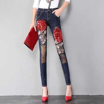 

Fashion Women Denim Pants 3D Red Rose Sequins Jeans Ripped Flowers Pencil Trousers