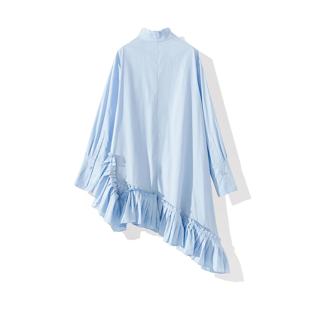 [DEAT] Высокое качество, весна, новая модная плиссированная хлопковая рубашка с асимметричным подолом и длинным рукавом и стоячим воротником, женская блузка YC985