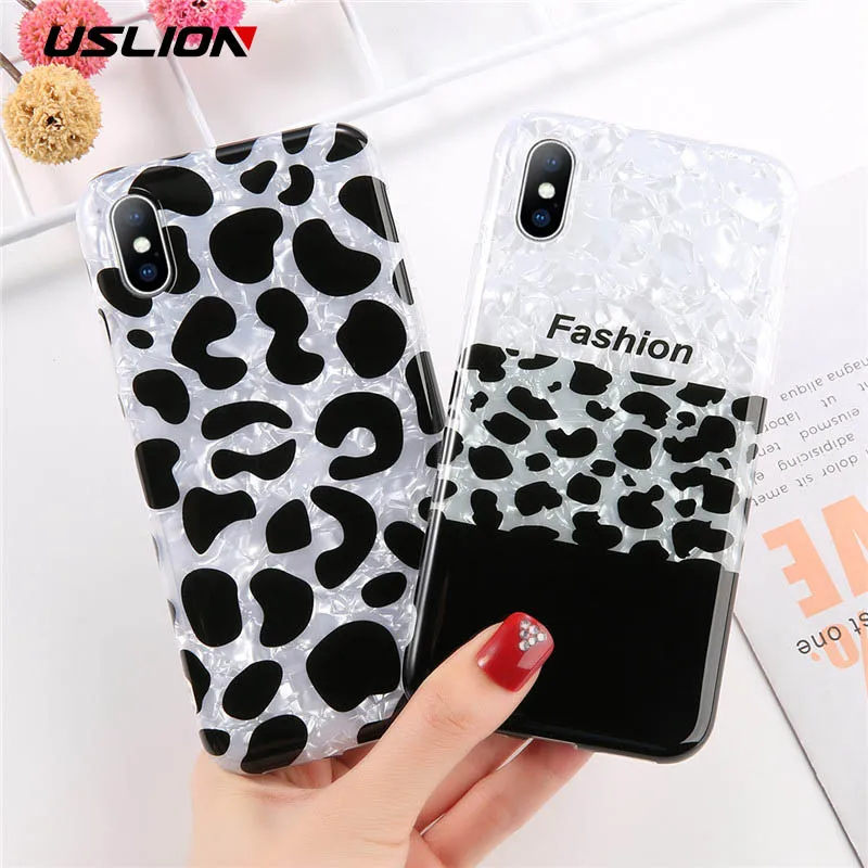 

USLION Leopard Pattern Phone Case For iPhone X XS XR Xs Max Glitter Dream Shell Soft IMD Cases Cover For iPhone 6 6s 7 8 Plus