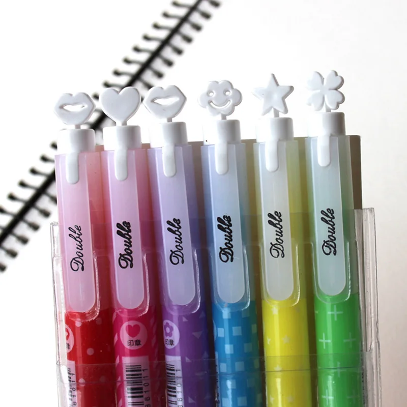 

6 pcs/lot Cute Highlighters Pens Creative Items Kawaii Double Head Marker With Stamps For Kids Gifts School Supplies Stationery