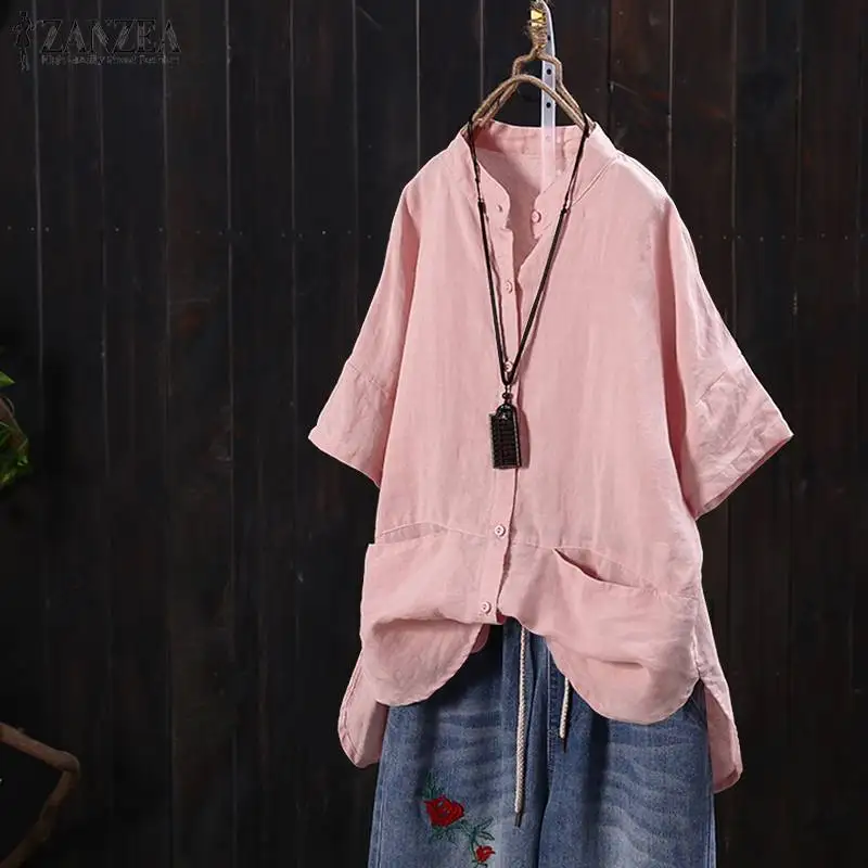 

ZANZEA Blouse Women Shirt 2019 Summer Tops Vintage Ladies Cotton Work White Blusas Women Clothing Tunip Blusa Feminina Plus Size
