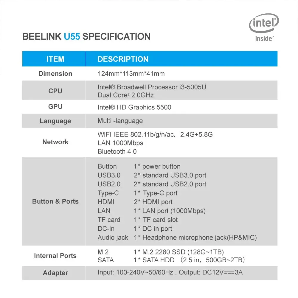 Beelink U55 Мини ПК процессор Intel Core I3-5005U(Intel Hd изображение 5500), Ddr3L 8 Гб Ram/512 ГБ Ssd/Diy Hdd 1000 Мбит/с Lan 2,4/5,8G