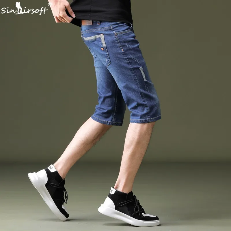 Summer Men's Denim Shorts Loose Stretch Five Pants Fashion Scratched Denim High Quality Cotton Slim Jeans 28-38 Hot Sale