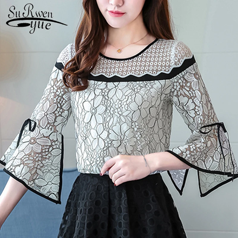  2018 fashion summer women tops lace blouse women shirt sexy hollow lace shirt flare sleeve white wo