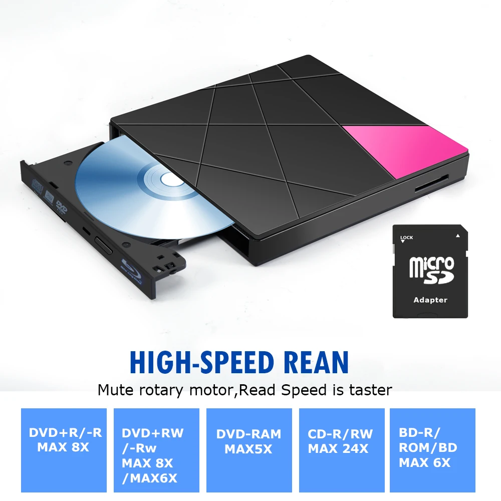 

Blu-ray Drive USB 3.0 and Type-C External Blu Ray Player Writer Portable BD/CD/DVD Burner Drive with Polished Metal Chrome