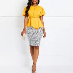 Женская одежда офисные комплекты желтая блузка с принтом белая облегающая юбка летняя уличная хипстер элегантная рабочая одежда Женский