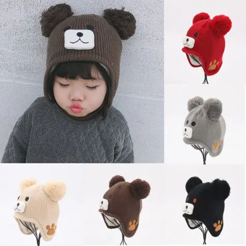 

2019 Brand Fashion Newborn Hats Knitted Warm Bear Round Machine Cap Protects Ear Bonnet Baby Pom-pom Woolen Yarn Winter Caps