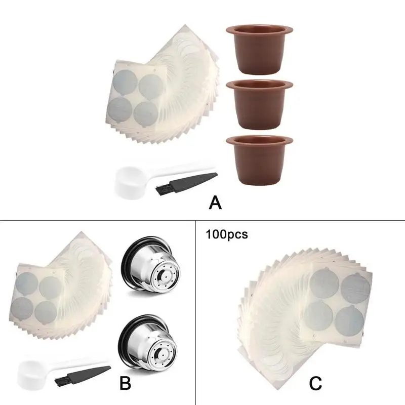 

Reusable Refillable Coffee Capsule Set For Nespresso Machines With Aluminum Foil Cover Spoon 51-100ML Filters Kitchen Dining Bar