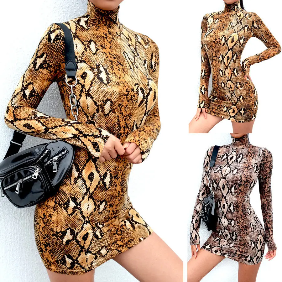 Женское платье-водолазка со змеиным принтом пикантное облегающее мини-вечерние