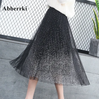 

Autumn and Winter Pleated Skirt Snowflake Point Mesh Midi Skirt Korean Women High Waist Stretch Long Skirt Velvet Skirt