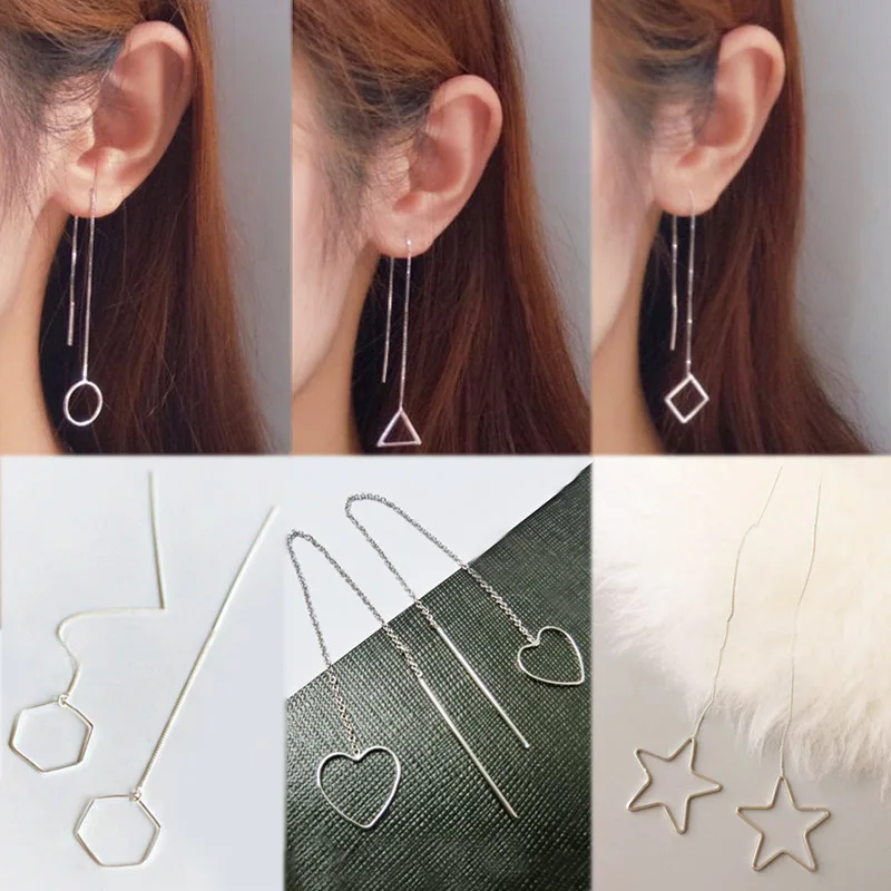 

2019 New Arrival Triangle Long 1Pair Silver Square Geometric Tassel Chain Heart Round Drop Earring Party Valentines Gift