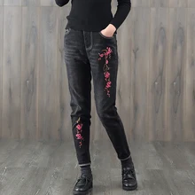 Весна Осень Женские винтажные Цветочные вышитые джинсовые брюки повседневные джинсы с эластичной талией шаровары женские большие размеры 3XL