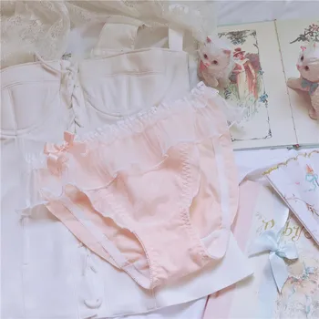 

Japanese Style Mesh Lace Bow Women Panties Briefs Cute Lovely Sweety Cotton Lady Underwear Low Waist Ruffle Breifs