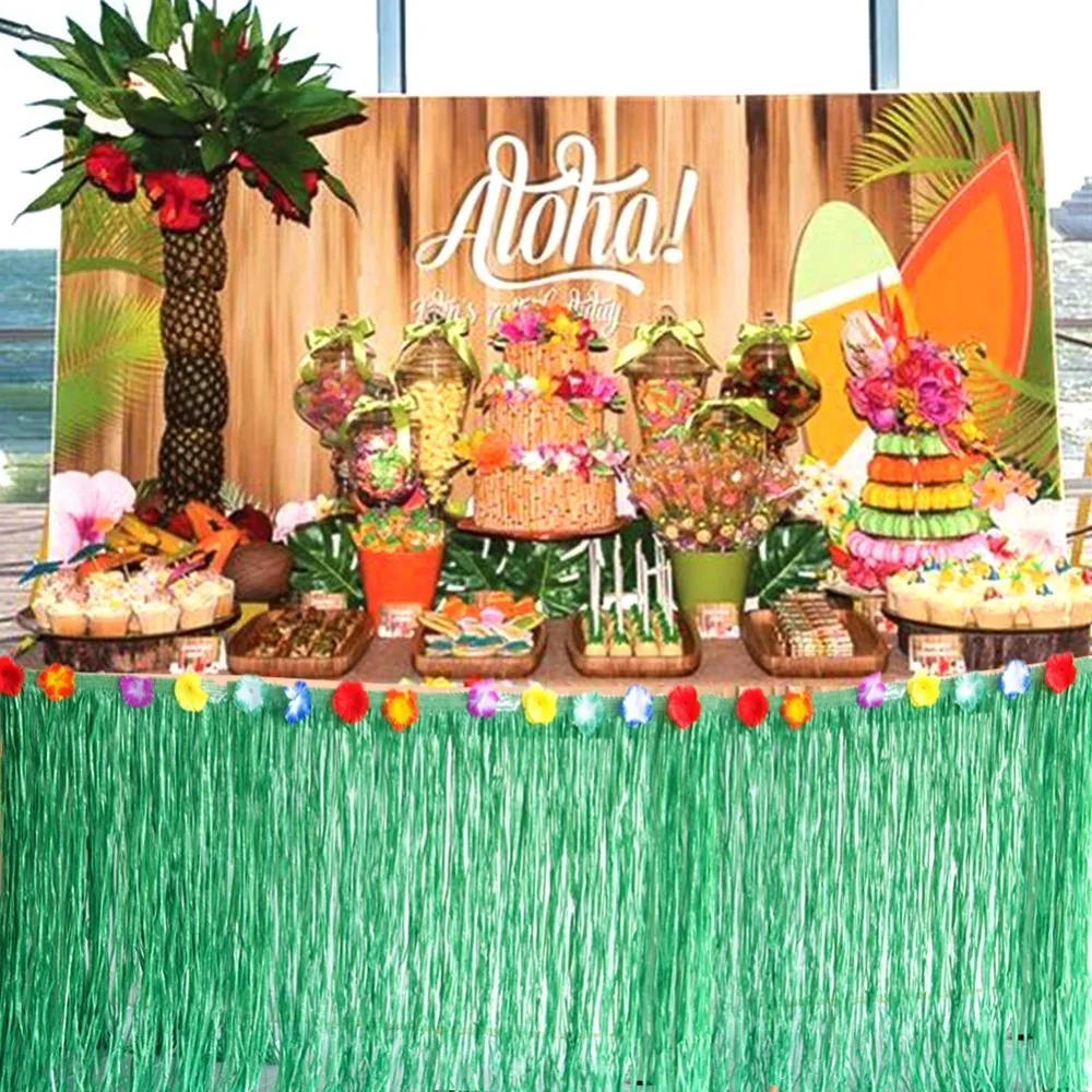 ibisco hawaiano Luau Grass Table Skirt con colorati fiori di seta per BBQ Tropical Garden Beach wedding Birthday Summer Tiki party rettangolo tabelle decorazioni Green Tavolo gonne 2,7 m 