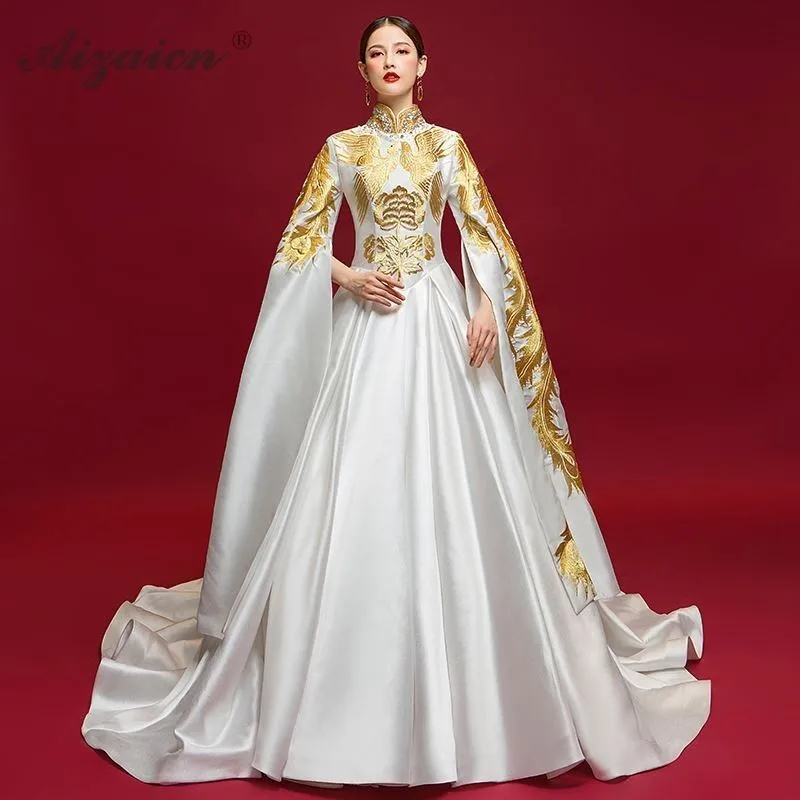 Роскошное китайское вечернее платье с вышивкой Cheongsam,, модное китайское платье с рукавами-колокольчиками и Фениксом, Ципао, современный Восточный стиль, белые платья