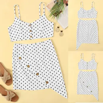 

Women Two Piece Crop Top and High Waist Irregular Skirt Set Spaghetti Strap Bandage Bodycon Polka Dot Mini Party Clubwear