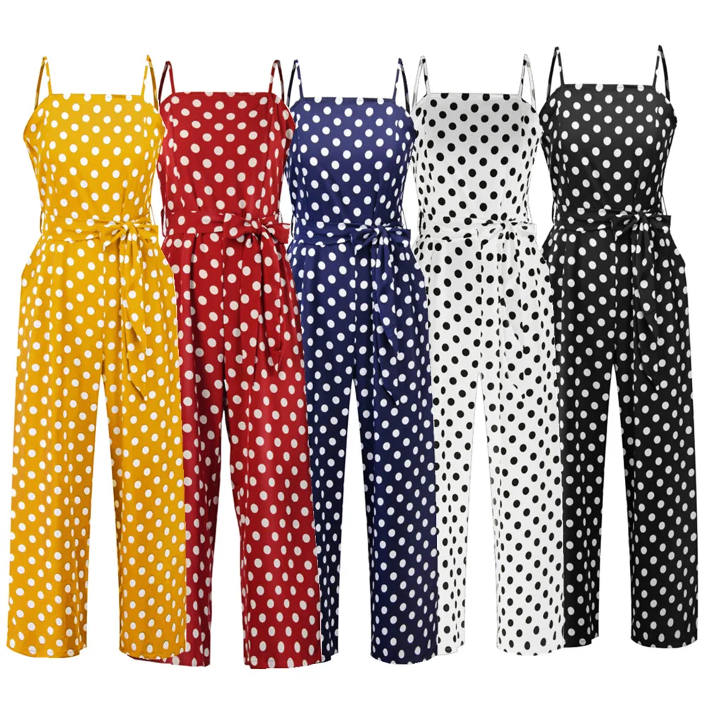 

Joineles 5 Colors Polka Dot Print Summer Women Retro Jumpsuits Strap Belts Zip Sleeveless High Waist Wide Leg Jumpsuits Rompers