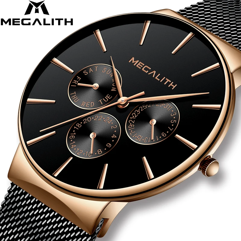 

MEGALITH Mens Watches Sport Waterproof Quartz Watch Luxury Top Brand Slim Mesh Stainless Steel Wristwatch Casual Men Gents Clock