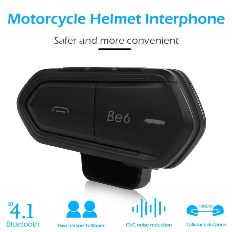 

Be6 Motorcycle Helmet Headset 1000m Wireless Bluetooth Intercom Waterproof BT Interphone for 2 Riders Black Clear Voice Calls