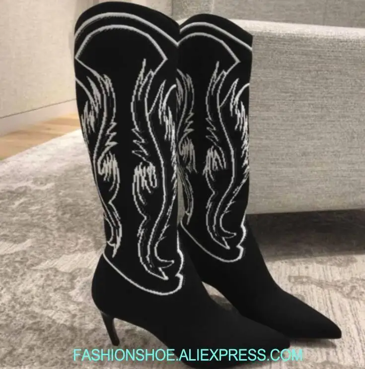 Sommer Weiß Boots ankle Schwarz High Hohe Stricken Neue Stickerei 2018 Knee Mode Knie Stiefel Farbe Hqw6ZZd8