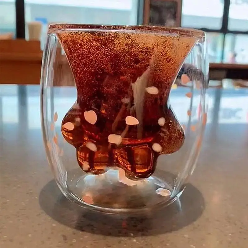 

2019 Fashion Outdoor Cat Claw Cup Insulation Gift Premium Transparent Double Layer Milk Cup Funny Gift Coffee Beverages Cup