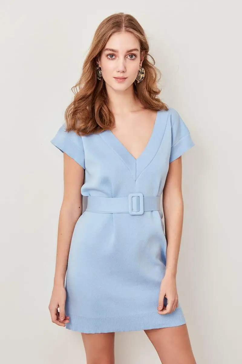 

Trendyol Blue V-Neck Kemerli Cotton Summer Sweater Dress CLSS19FV0029