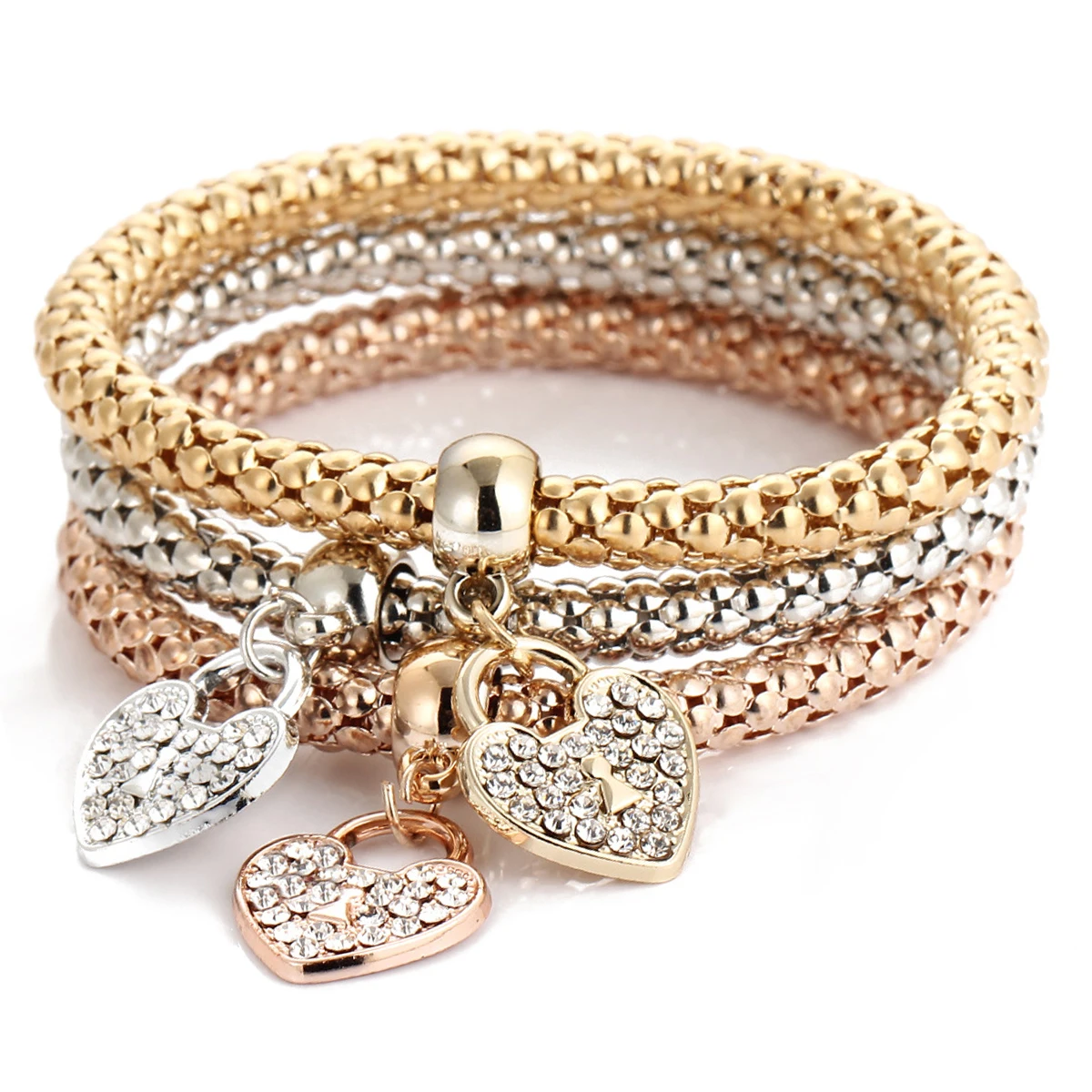 

3 Units / Set Gold Silver Rose Gold Love Imitation Heart Shape Pendant Metal Corn Elastic Bracelets Bangles For Women