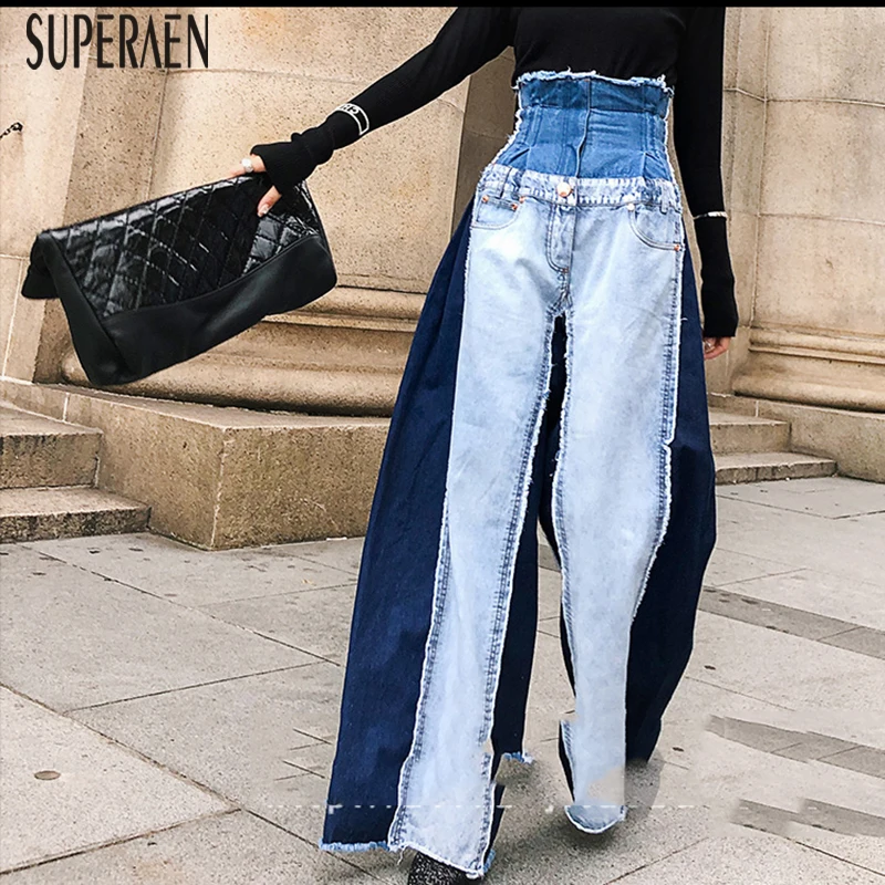 SuperAen 2021 новые модные женские джинсы Дикие повседневные широкие брюки длинные с