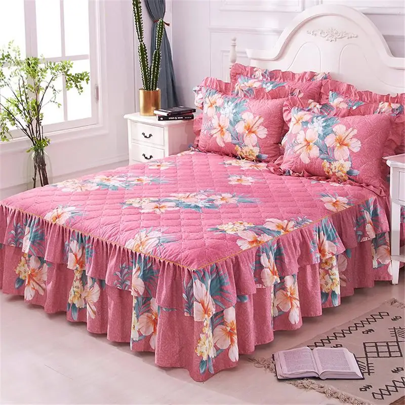 

150x200cm Bed skirt High quality cotton Polyester Pink flower Bedding Bed Skirt Bedspread Pastoral flower Bed Decor
