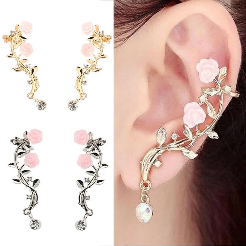 

Graceful Golden Tree Branch Elegant Flower Shape 1Pair Women Rhinestone Left Crystal Party Silver Boho Pink Girls Stud Earrings