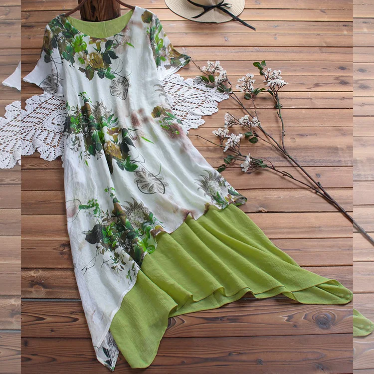 

2019 Loose Printing Dress Fashion Cotton Linen Plus Size Vintage Print Women Casual Loose Long Summer Dress Vestidos Party Dress