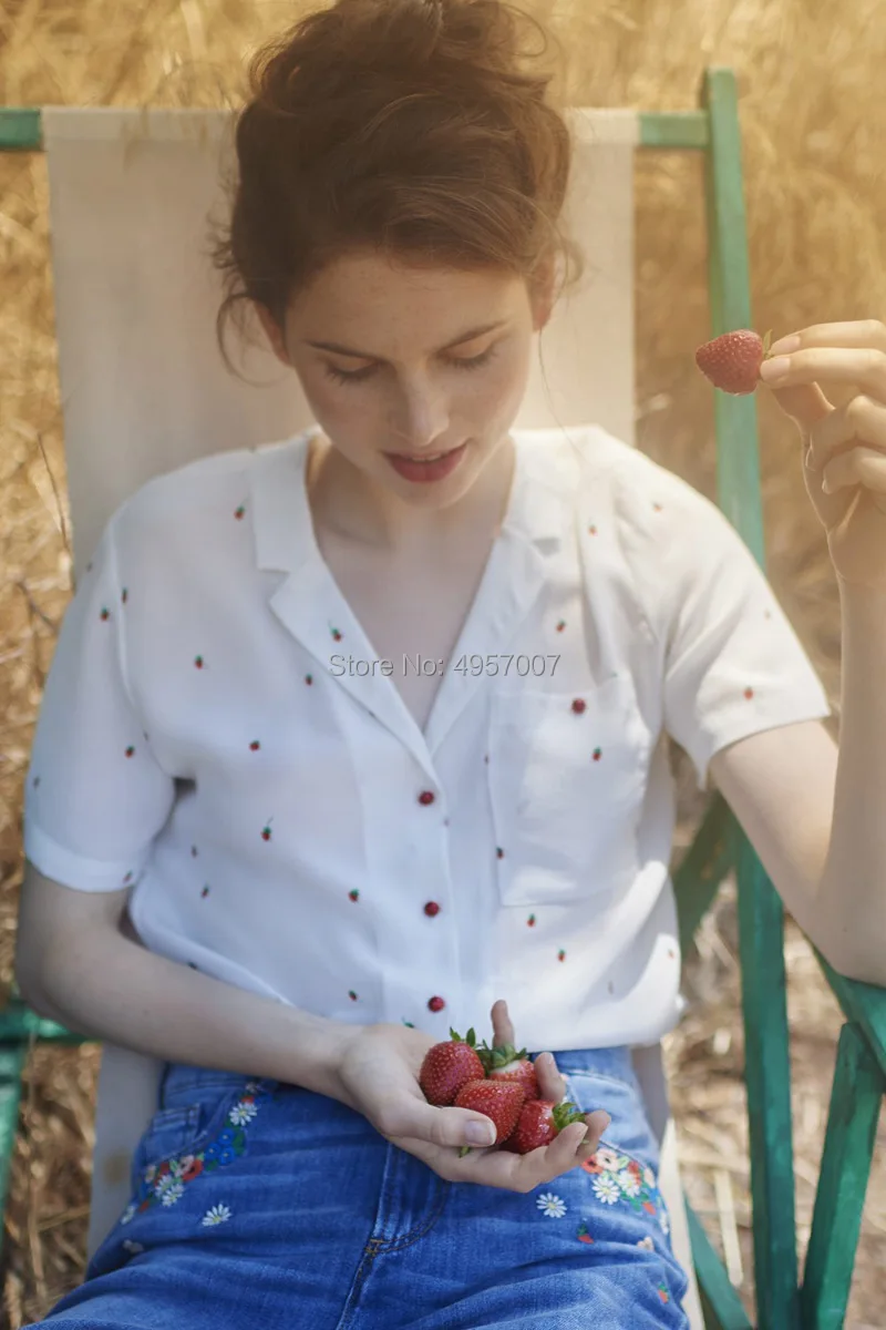 White Silk 100% Strawberry Printed Blouse Top - 2019ss Women/Ladies Notched Neckline Short Sleeve Blouse Shirt 3
