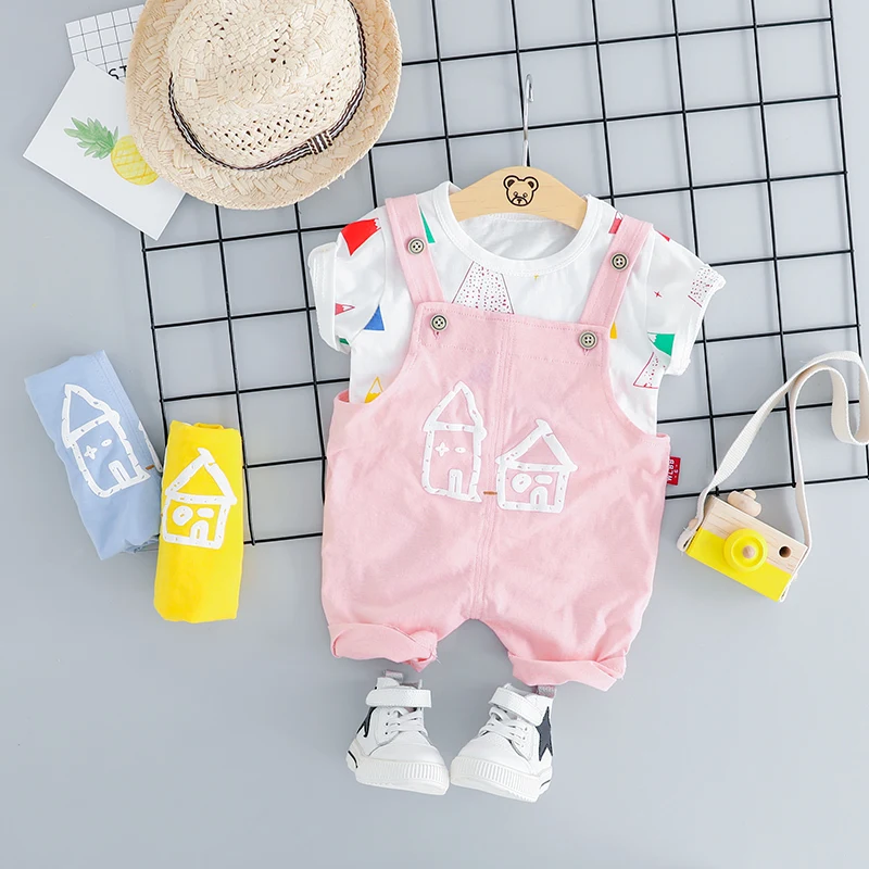 Summer Baby Girls Boys Clothes Infant Color T Shirt Kids Cartoon House Pattern Bib Pants 2pcs/sets Children Casual Sport Suits