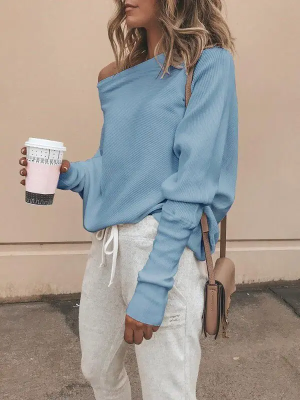 

Fashion Womens One Off Shoulder Casual Loose Sweater Jumper Pullover Knitted Sweaters Lady Tops Autumn