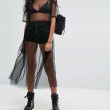 Hirigin, новинка, Сексуальная футболка, женская, черная, марля, сетчатый топ, прозрачные, Длинные рубашки, повседневные, свободные, футболки, Прозрачные топы