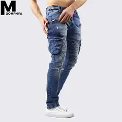 2019 новые рваные боковой карман обтягивающие мужские джинсы уличной хоп байкерские джинсы на молнии мужские джинсы синего цвета Штаны