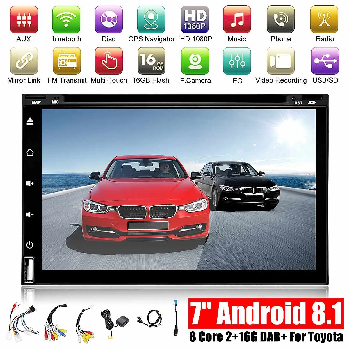 

7" 2 Dins BX-8120 Car Multimedia Player DVD Back Up Reverse Image Assist GPS Radio Video Navigation T8 Android 8.1.1 2G+16G