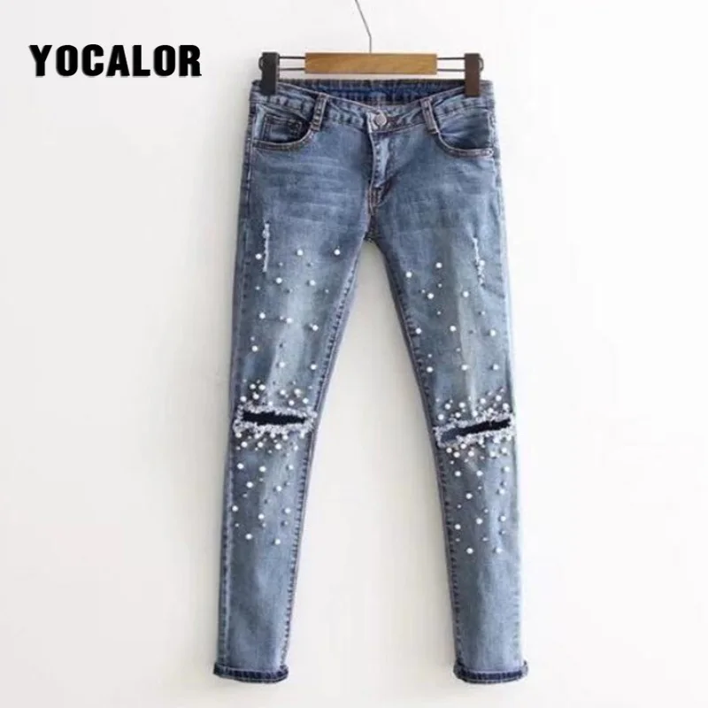 

YOCALOR Pearl Holes High Waist Trousers Skinny Palazzo Pants Capris Female Pencil Women Feet Bottoms Denim Female Pantalon Femme
