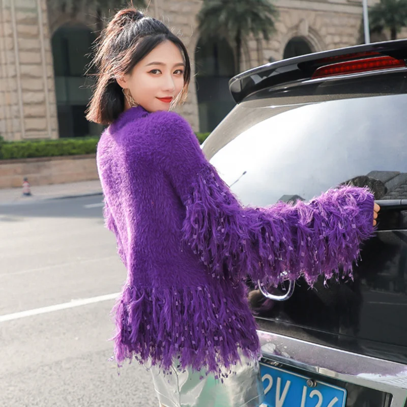 Halterneck Cute Knitted Sweater Women 2018 Autumn Winter Tops Mohair Patchwork Puff Sleeve Tassel Off Shoulder Pullover Women 
