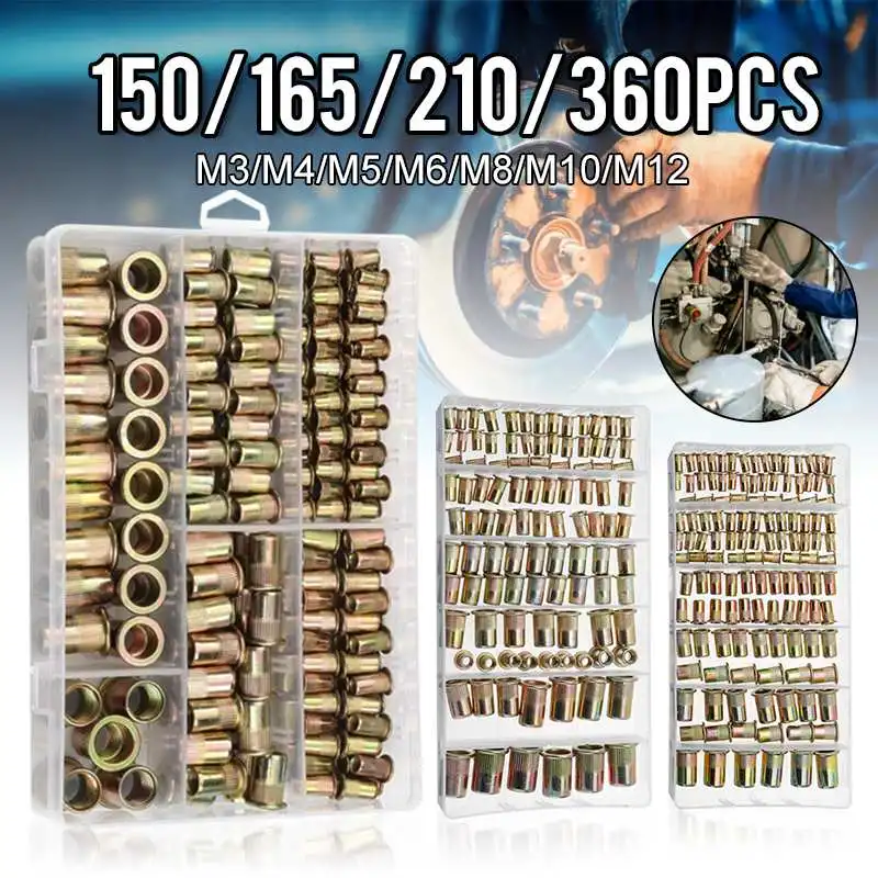 

MTGATHER 210Pcs M4 M5 M6 M8 M10 M12 Mixed Carbon Steel Zinc Plated Knurled Rivet Nuts Flat Head Threaded