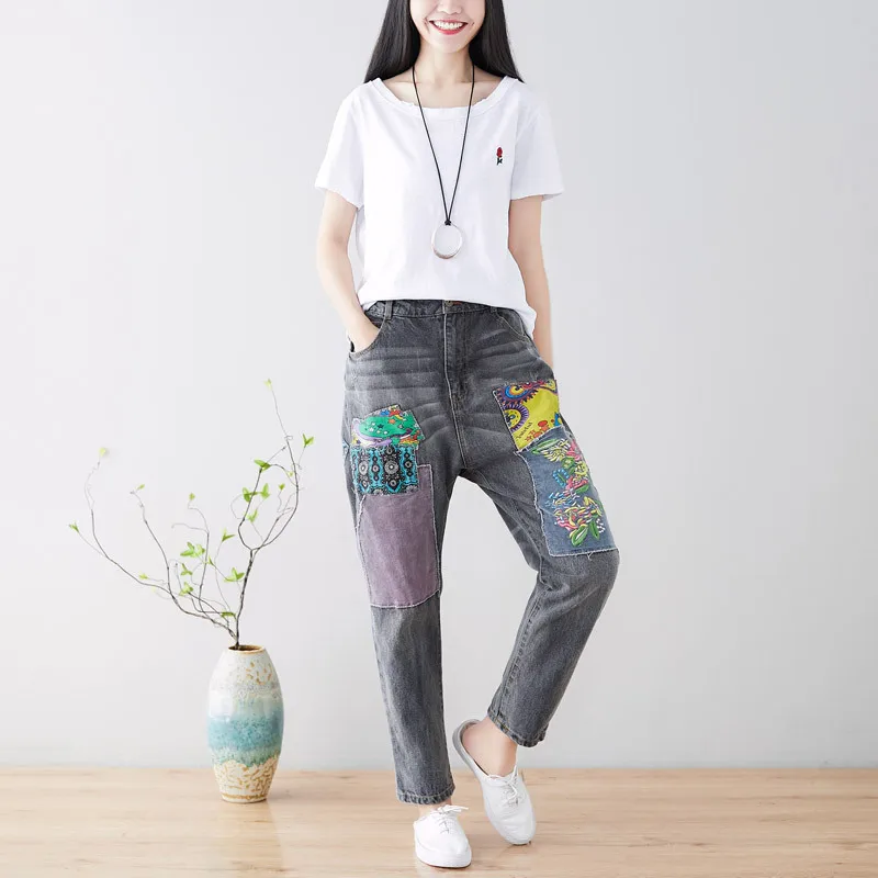 

Women Patchwork Denim Trousers Spring Embroidery Jeans Printed Loose Elastic Waist Harem Pants Washed Cowboy Cargo torn Pants