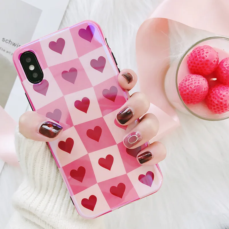 

XINDIMAN Laser Lattice Pink case for iphone 7 backcover Love patterned silicone capa for IphoneX case 6 6s 6plus 7plus 8 8plus