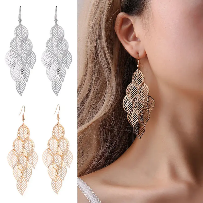 

New Gold / Silver Color Leaves Earrings Long Ladies Multi-storey Hollow Large Pendant Earrings Fashion Jewelry Gifts