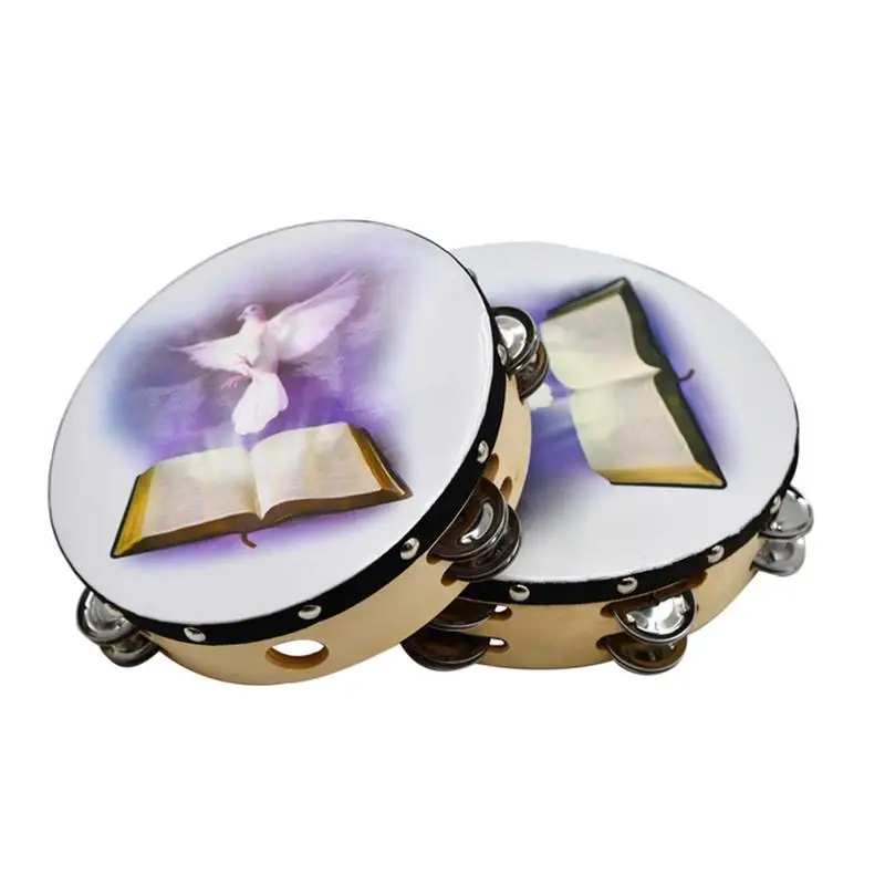

1pc 8'' / 10" Tambourine Dove Bible Pattern Double Row Jingle Percussion Instrument for Church by Zebra Sounds