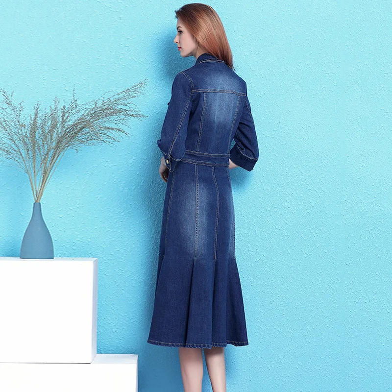 Denim dress female Spring and summer new lapel slim slimming elastic denim temperament ruffle fishtail dress women NW19B6073