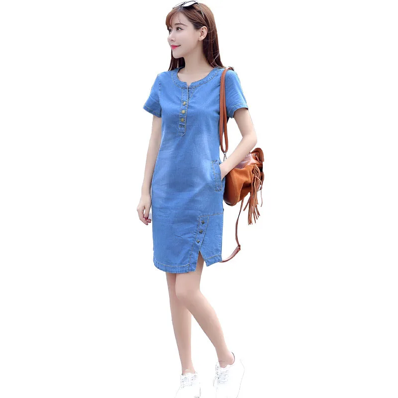 2019 Women Korean Casual Denim Dress Straight Summer Loose Jeans Dress With Button Pocket Sexy Denim Mini Dress
